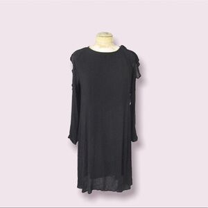𝅺OLD Navy womens black rayon crepe a line dress open ruffle shoulders . Size XS